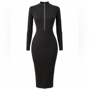 GUESS Ribbed Zip-Front Midi Dress – Black